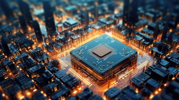 Foto chips de procesador de placa de circuito semiconductor colorido ciudad inteligente hermosa ia generativa aig32