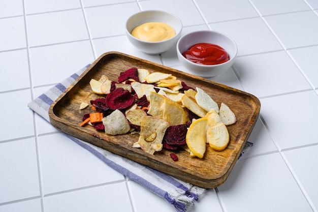 Chips de verduras secas de chirivía de remolacha de zanahoria y otras verduras sobre fondo de mesa de baldosas cuadradas de cerámica blanca con espacio de copia para texto