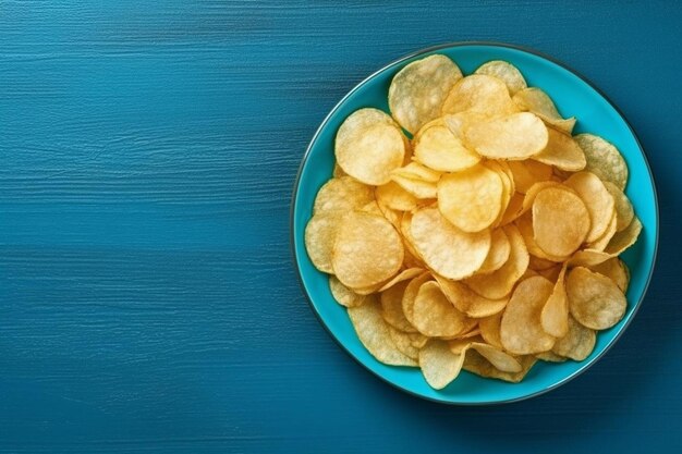 Chips de la vista superior con limón en un cuenco en horizontal azul