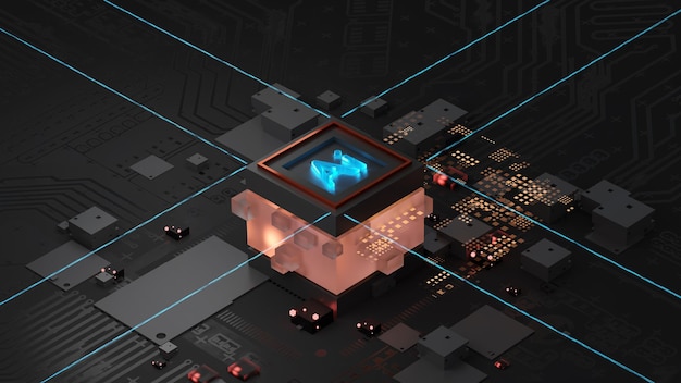 Chipset Ai na placa de circuito em conceito futurista adequado para obras de arte de tecnologia futura Renderização 3d de banner responsivo da web