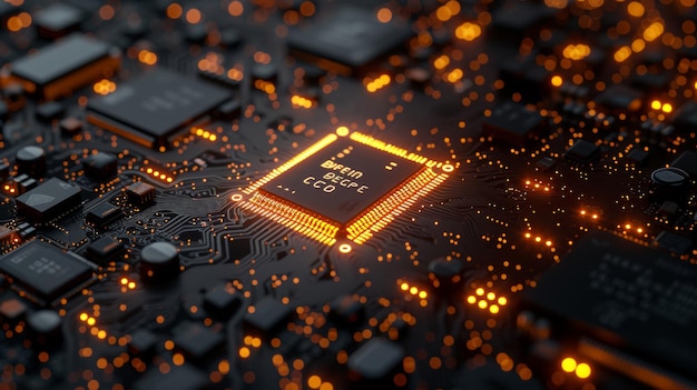 Un chipset de IA futurista en una placa de circuitos adecuado para obras de arte de tecnología futura Web Banner Abstracto de fondo Ilustración vectorial