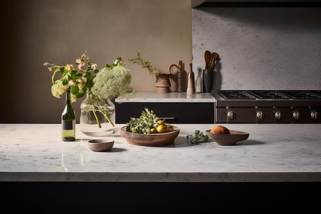 Chique e elegante, eleve sua cozinha com uma mesa de granito branco, um ajuste perfeito para colocação de produtos