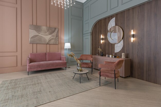 Chique moderno apartamento moderno design de interiores moderno paredes verdes e cor-de-rosa em pó iluminação elegante e enormes janelas panorâmicas