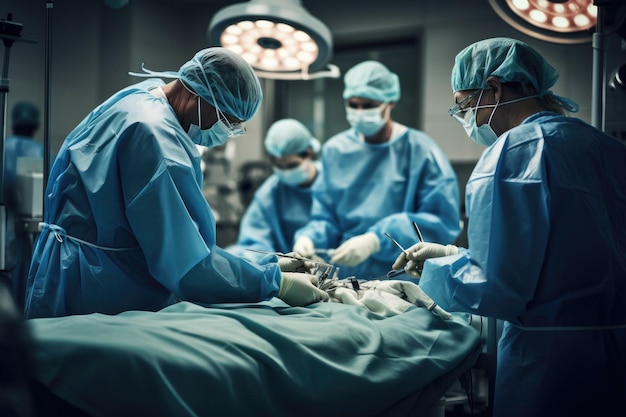 Chirurgen arbeiten im Operationssaal. Ein geschicktes chirurgisches Team führt eine lebensrettende Herztransplantation in einem sterilen Operationssaal durch.