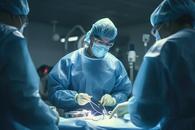 Chirurgen arbeiten im Operationssaal. Ein geschicktes chirurgisches Team führt eine lebensrettende Herztransplantation in einem sterilen Operationssaal durch.