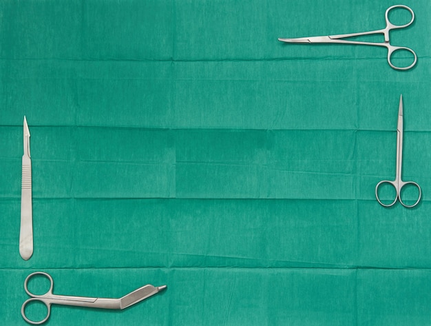 chirurgische Klinge, Schere, Krampf Griff, auf Ecken Rahmen auf grünem Kleid Hintergrund