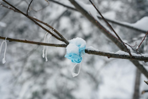 Chirurgische Masken auf Bäumen im Winterwald