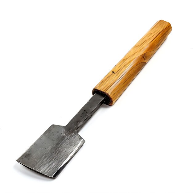 Chisel com punho de madeira e lâmina de aço uma ferramenta usada para Ca isolado limpo branco BG Itens Design
