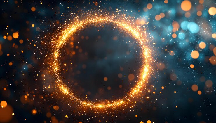Las chispas doradas forman una forma circular contra un fondo azul oscuro
