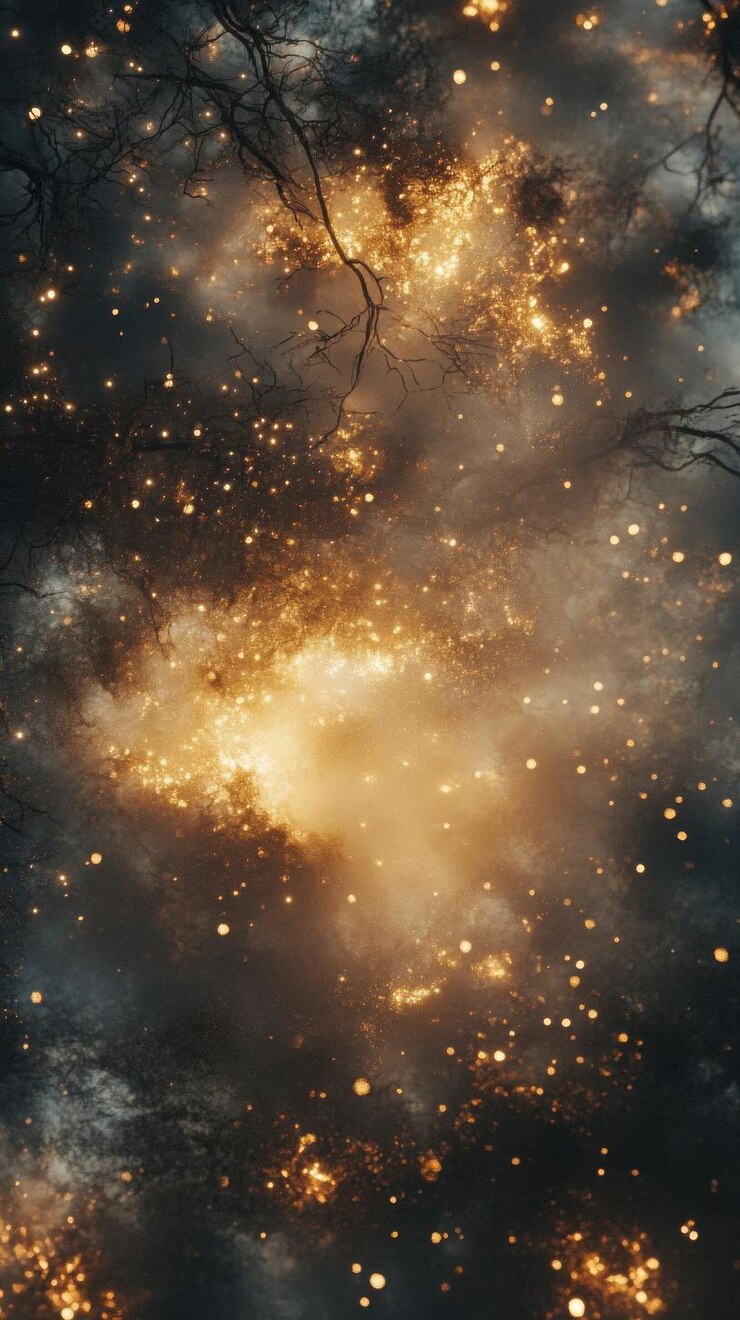 Las chispas doradas iluminan el cielo nocturno sobre los árboles.