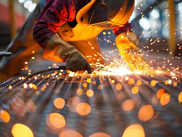Foto las chispas vuelan cuando un trabajador mola metal con una molienda angular de mano por la noche