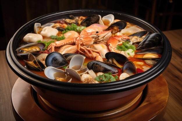 Chisporroteante olla de sopa caliente con mejillones y otros mariscos cocinados a la perfección