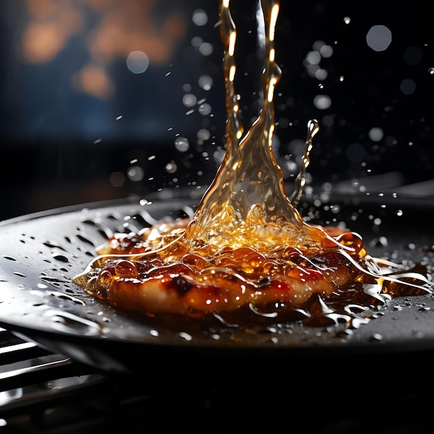 Chisporroteo de un delicioso plato con gotas de agua golpeando la superficie