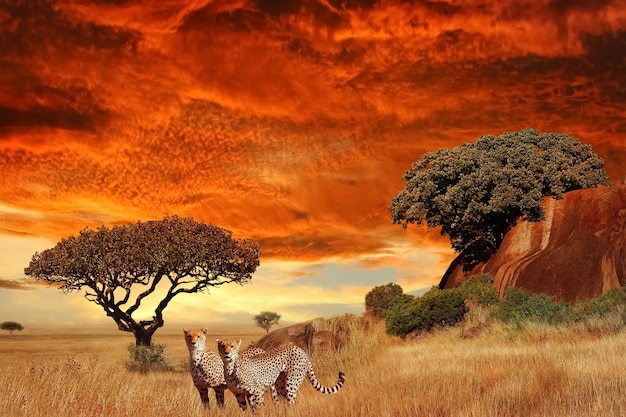 Foto chitas na savana africana ao pôr do sol parque nacional serengeti tanzânia áfrica