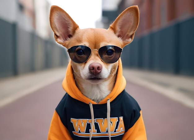 Foto chiwawa-hund mit hoodie und sonnenbrille