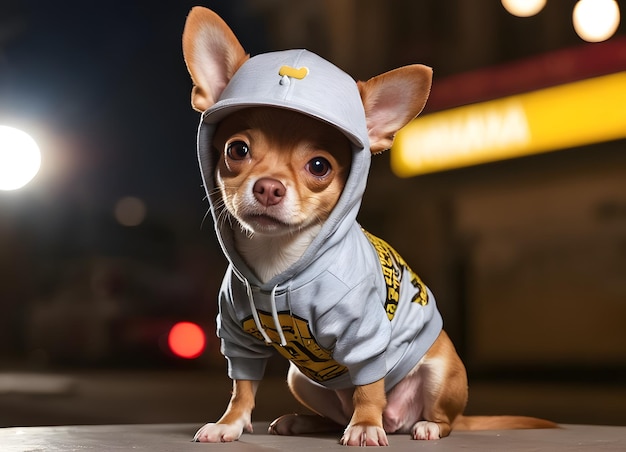 Foto chiwawa mit hoodie und hip-hop-hut