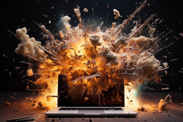 Foto chocante computador desktop explodindo acidente doméstico gerar ai