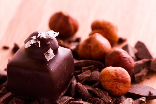 Chocolate amargo gourmet com trufas de avelã feitas à mão pela chocolatier.