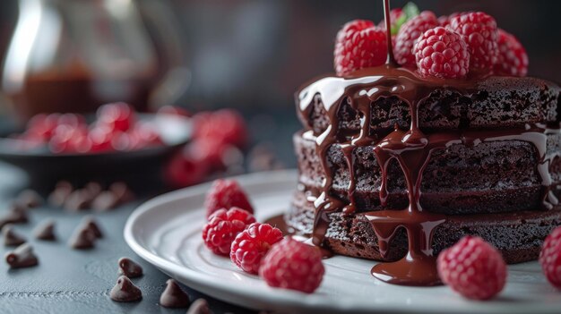 Foto el chocolate aterciopelado vertiendo sobre un pastel un goteo decadente aislado contra la indulgencia blanca hecho visible ai generativo