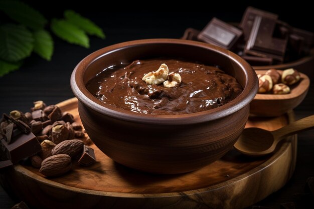 Chocolate de avellana en un tazón de madera