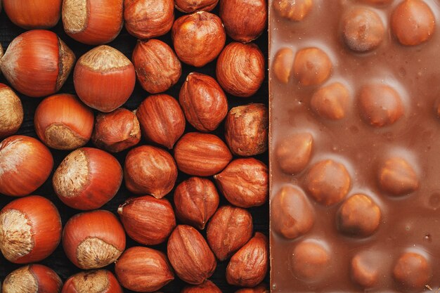 Chocolate con avellanas, nueces con cáscara en forma de textura sólida. Postre-chocolate con leche con nueces, contraste suave.