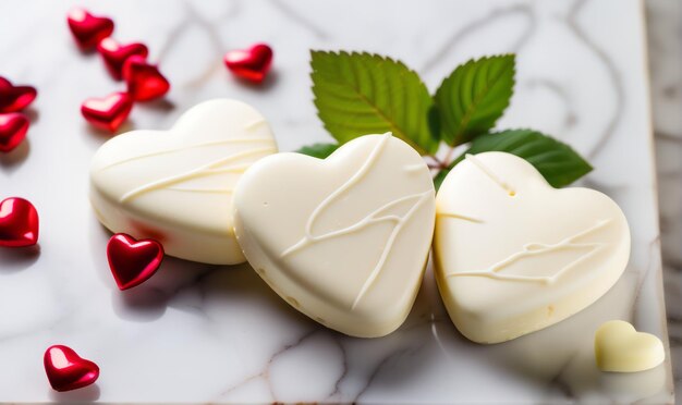 Foto chocolate branco em forma de coração romântico em uma mesa de mármore aniversário de valentino aniversário e casamento