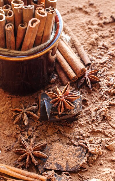 Chocolate, cacau, canela e anis estrelado. Foco seletivo.