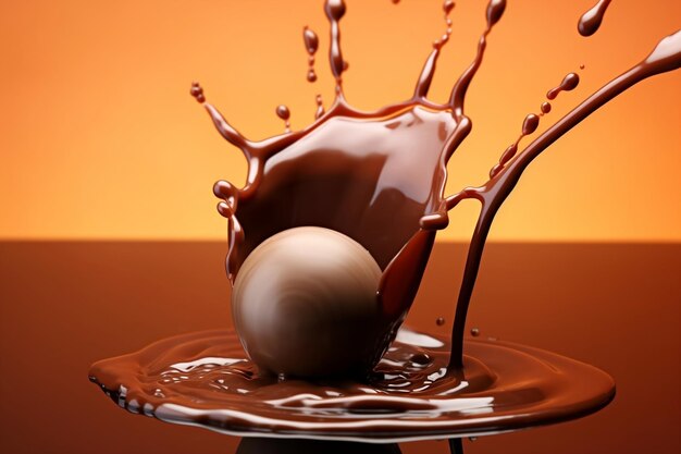 El chocolate cae en el líquido, la tentación de la indulgencia y el deleite decadente, la IA generativa.