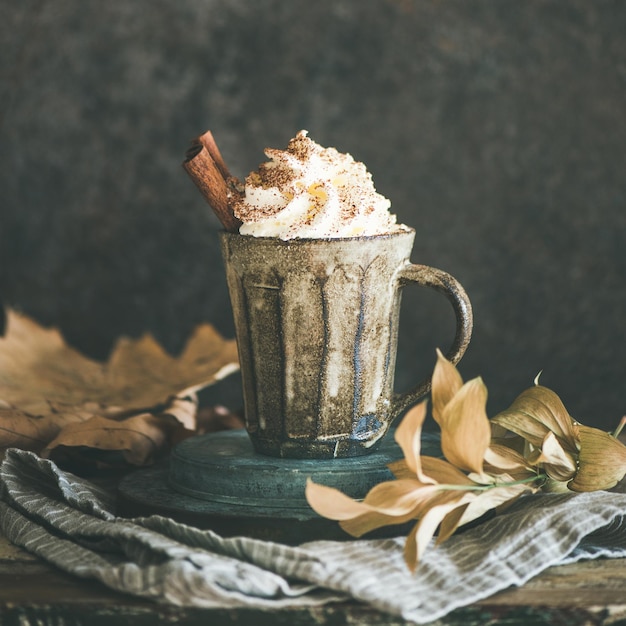 Chocolate caliente con crema batida y cultivo cuadrado de canela