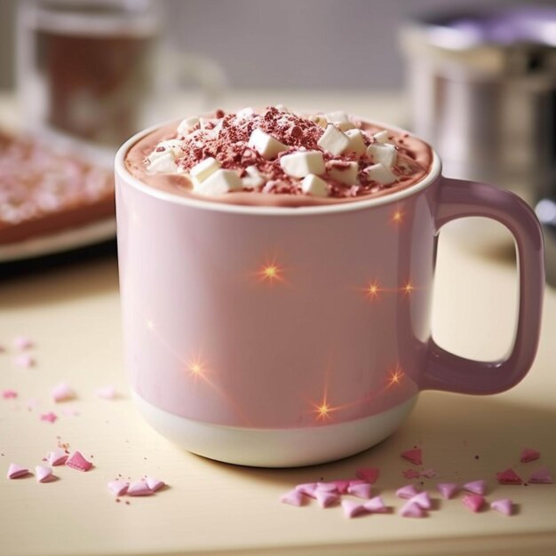 Chocolate caliente con malvaviscos en una taza rosa en una mesa de madera