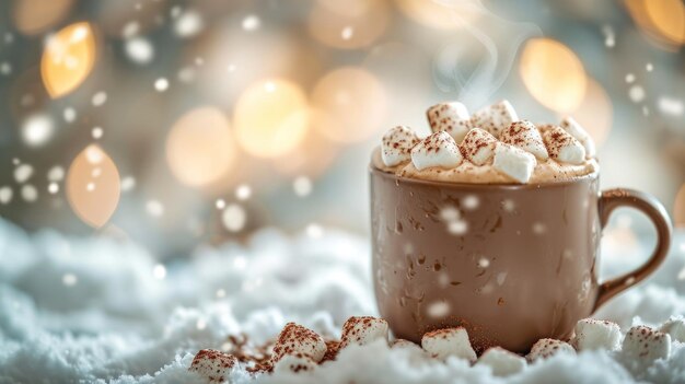 Foto chocolate caliente con marshmallows en un país de las maravillas de invierno