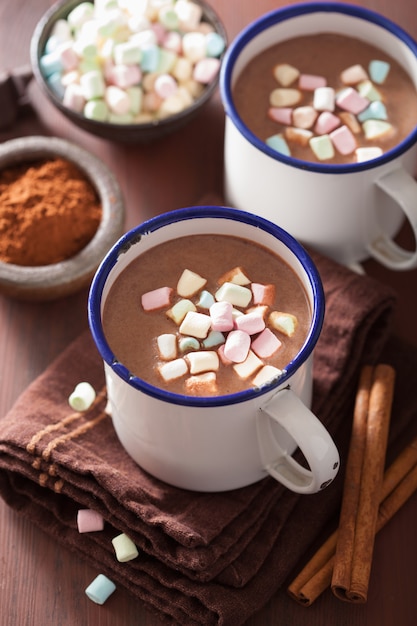 Chocolate caliente con mini malvaviscos canela bebida de invierno