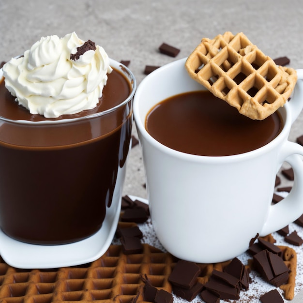 Foto chocolate caliente con nata y gofre