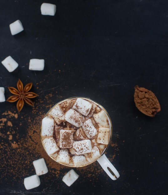 Chocolate caliente picante casero con malvavisco y canela sobre fondo oscuro