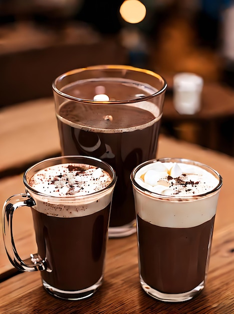 El chocolate caliente realista con colores neutrales e iluminación cálida crea una atmósfera acogedora y muy detallada en un restaurante con un disparo medio Generativa AI Generada