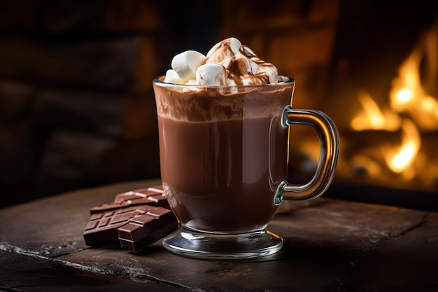 El chocolate caliente rico y cremoso en una taza de vidrio es una tentación para los amantes del chocolate