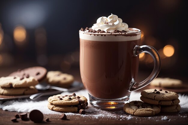 Foto chocolate caliente servido con galletas