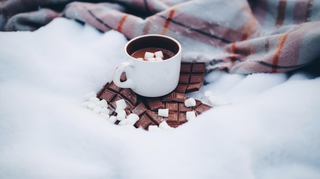 Chocolate caliente sobre fondo de nieve Ilustración AI GenerativexA