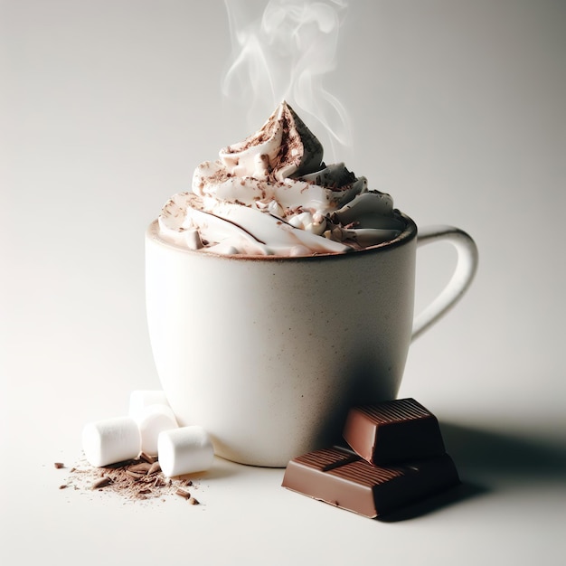 Foto chocolate caliente en taza con crema y malvavisco
