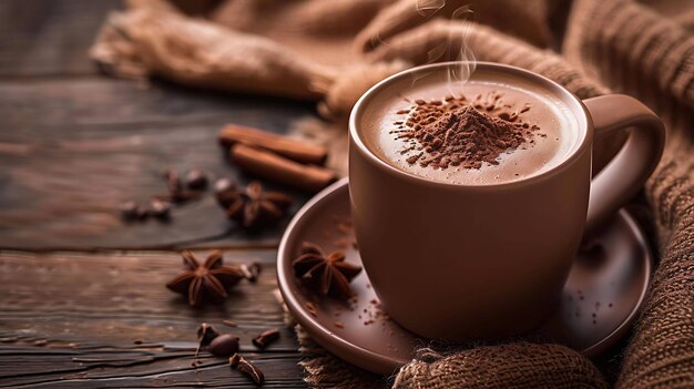 Foto chocolate caliente en una taza marrón en un platillo la taza está rodeada de especias, incluidos palitos de canela, anís estrella y clavo de olor