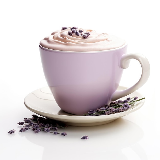 Chocolate caliente con vainilla y lavanda en una taza de vainilla aislada sobre fondo blanco