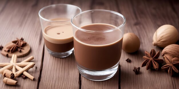 Chocolate Coquito toque de extracto de vainilla canela ron oscuro y chocolate en la mesa de madera
