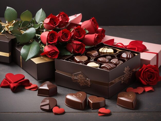 Chocolate de Dia dos Namorados e rosas vermelhas Uma rosa vermelha ao lado de uma caixa de chocolates em forma de coração