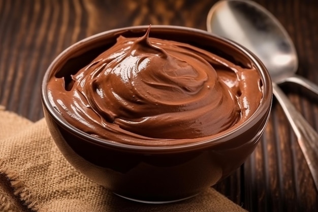 Chocolate derretido em uma tigela sobre uma mesa de madeira Generative AI