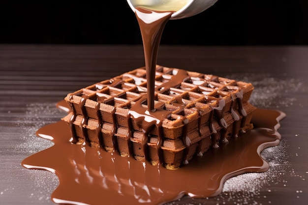 Chocolate derretido para rociar sobre waffles creados con inteligencia artificial generativa