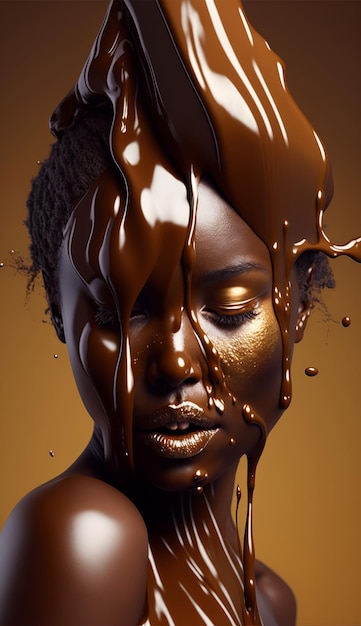 Chocolate derritiéndose vertiéndose en la cara de una chica negra IA generativa