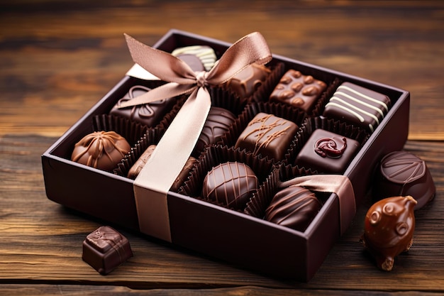 Chocolate de diferentes tipos de chocolates en caja de regalo en una vieja mesa de madera