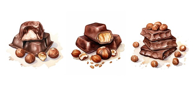 chocolate doce com avelã ai gerado tratar cacau indulgência sobremesa sabor de feijão chocolate doce com havelã ilustração aquarela