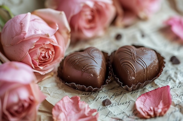 Chocolate e rosas para uma celebração romântica do Dia dos Namorados