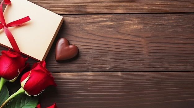 chocolate em forma de coração e rosa na mesa de madeira